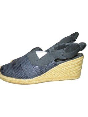 Ralph Lauren Helma Black Woven Leather Espadrille Wedges size 7